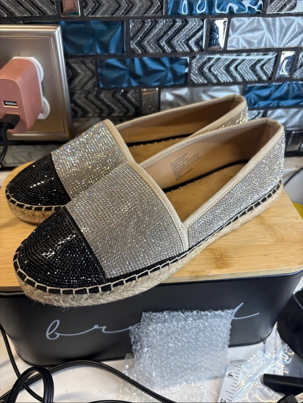 INC International Concepts Black & Silver Crystal Espadrille Slip-Ons
